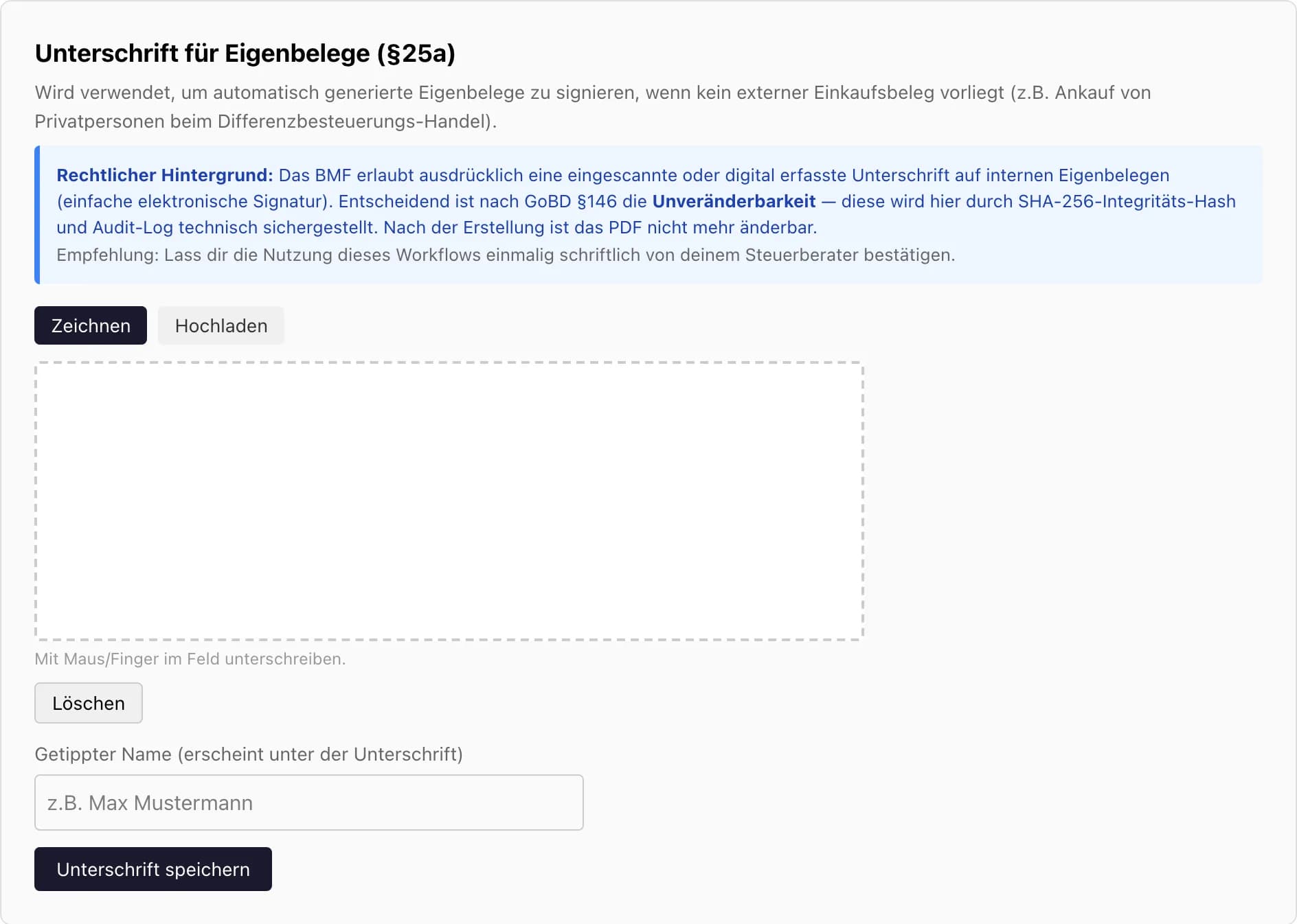 Unterschrift für Eigenbelege hinterlegen