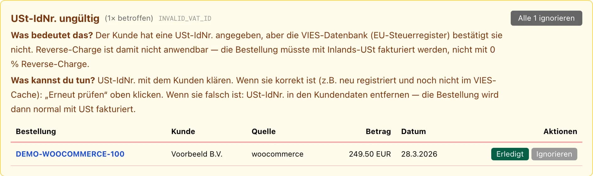 Fehlerdetail mit Aktionen