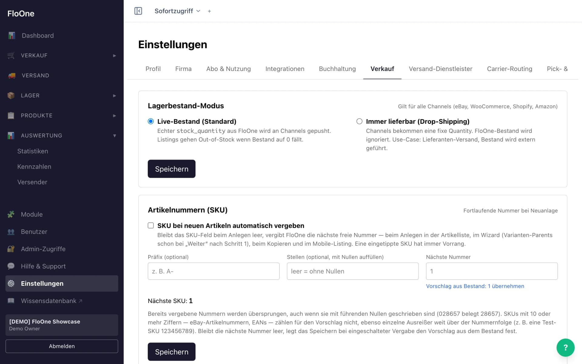 Einstellungen: Verkauf