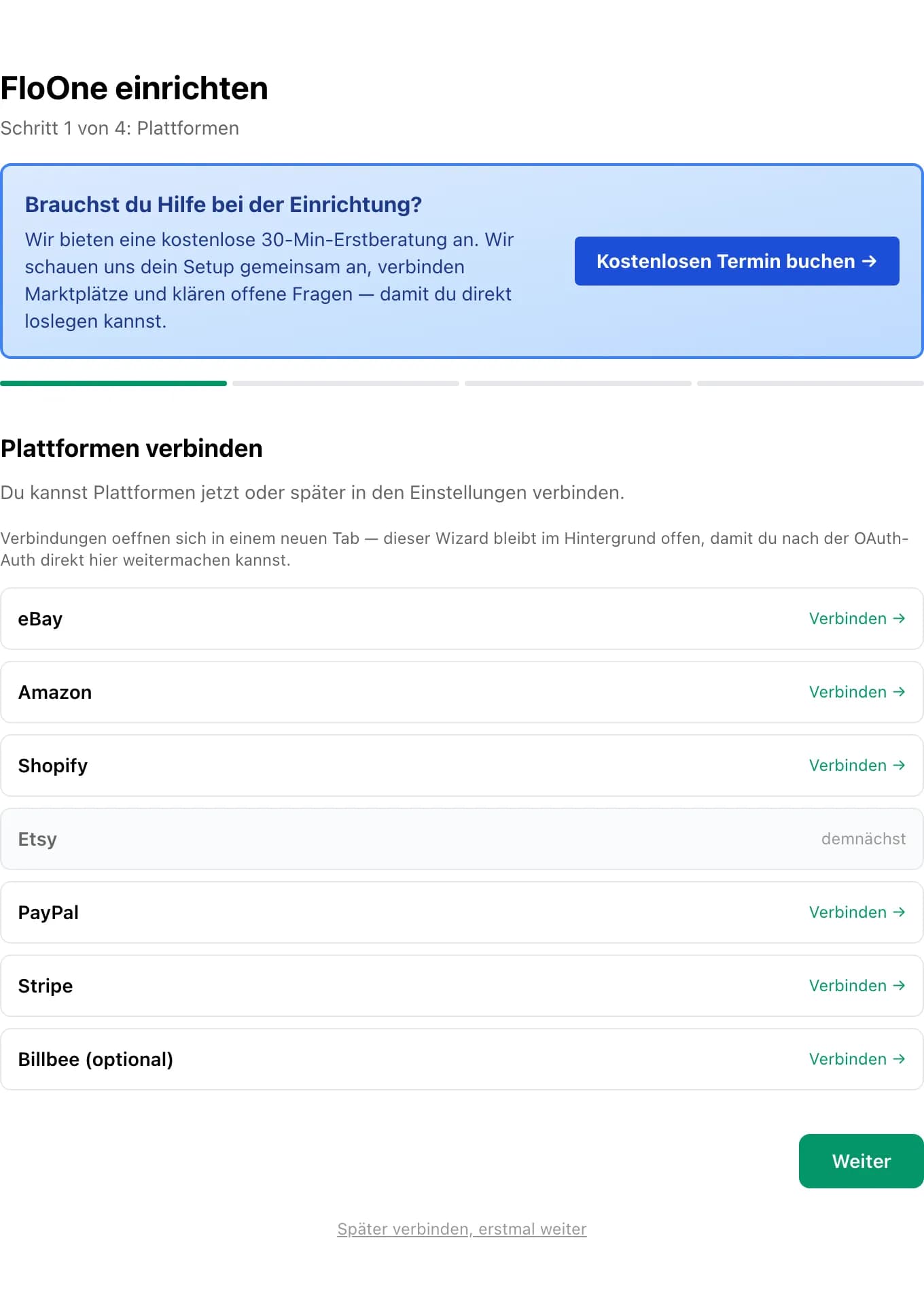 Setup-Wizard Schritt 1: Plattformen verbinden