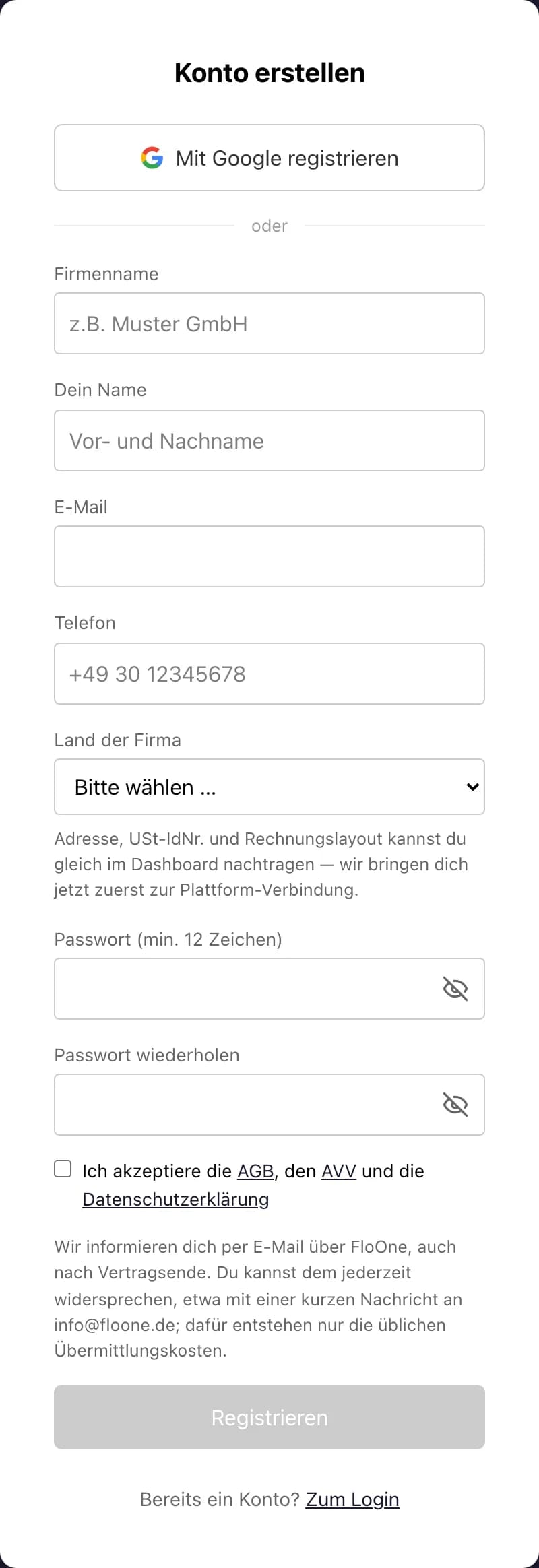 FloOne Registrierungsformular