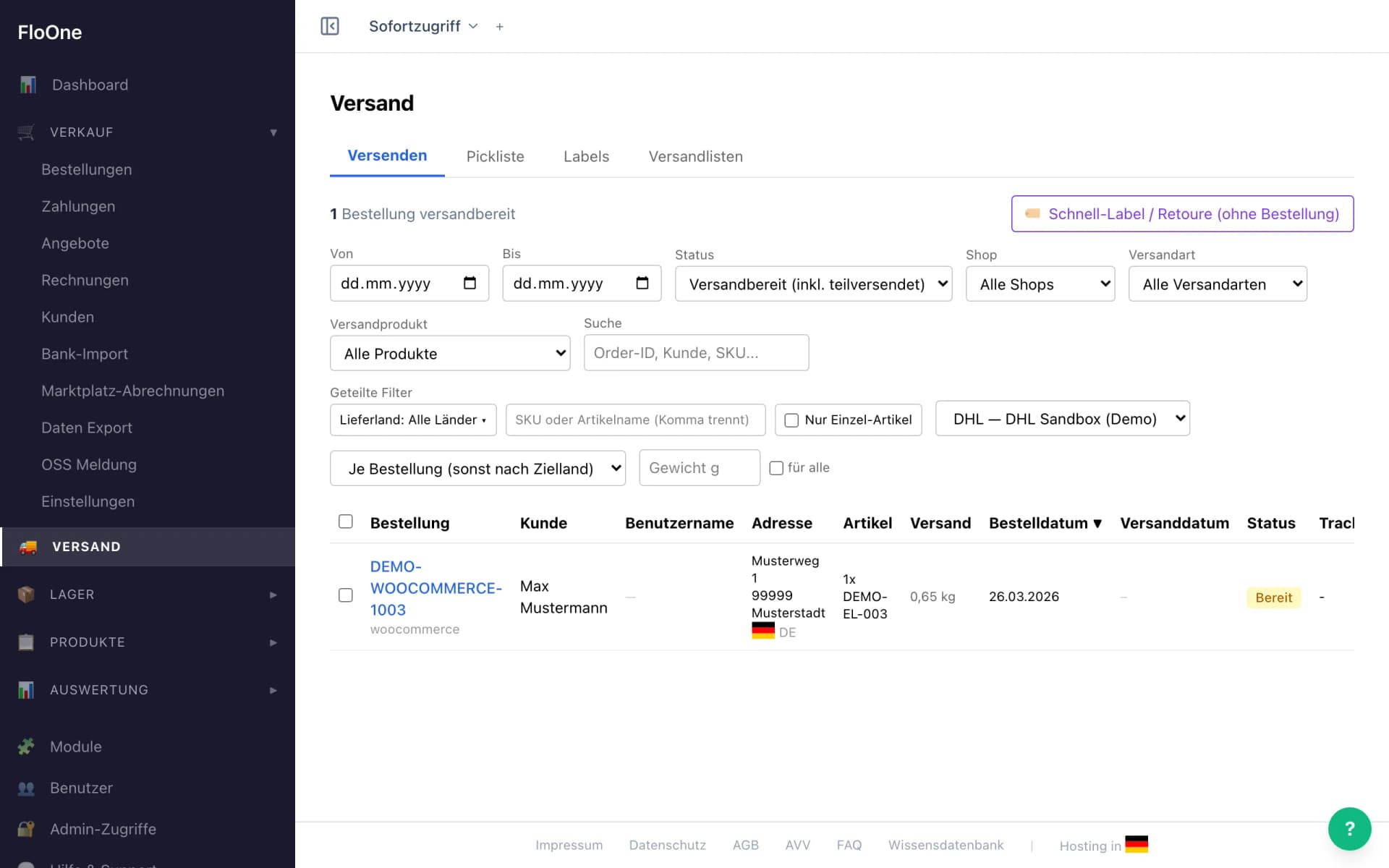 Versand: versandbereite Bestellungen