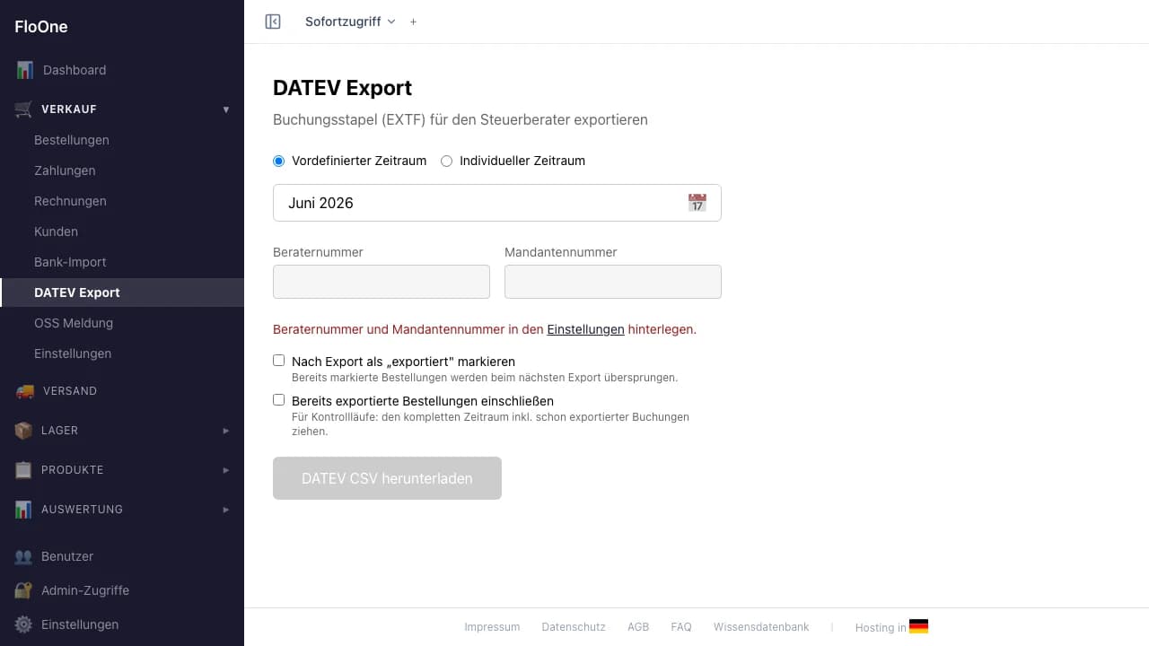 DATEV-Export-Seite mit Zeitraum-Auswahl und Download-Buttons