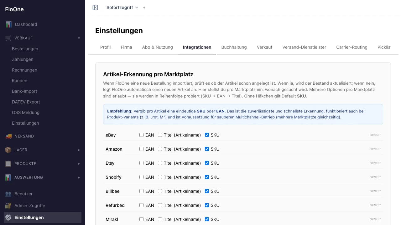 Connectors-Tab mit Lexoffice-Anbindung in den FloOne-Einstellungen