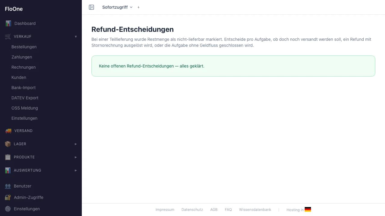 Refund-Tasks-Übersicht mit unzugeordneten Refunds und Status
