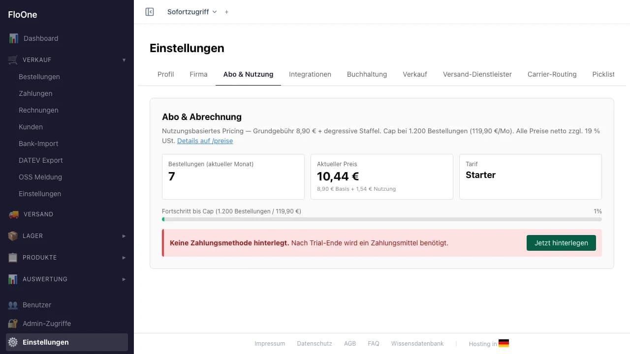 Billing- und Nutzungs-UI mit Live-Order-Count und Preisstaffel
