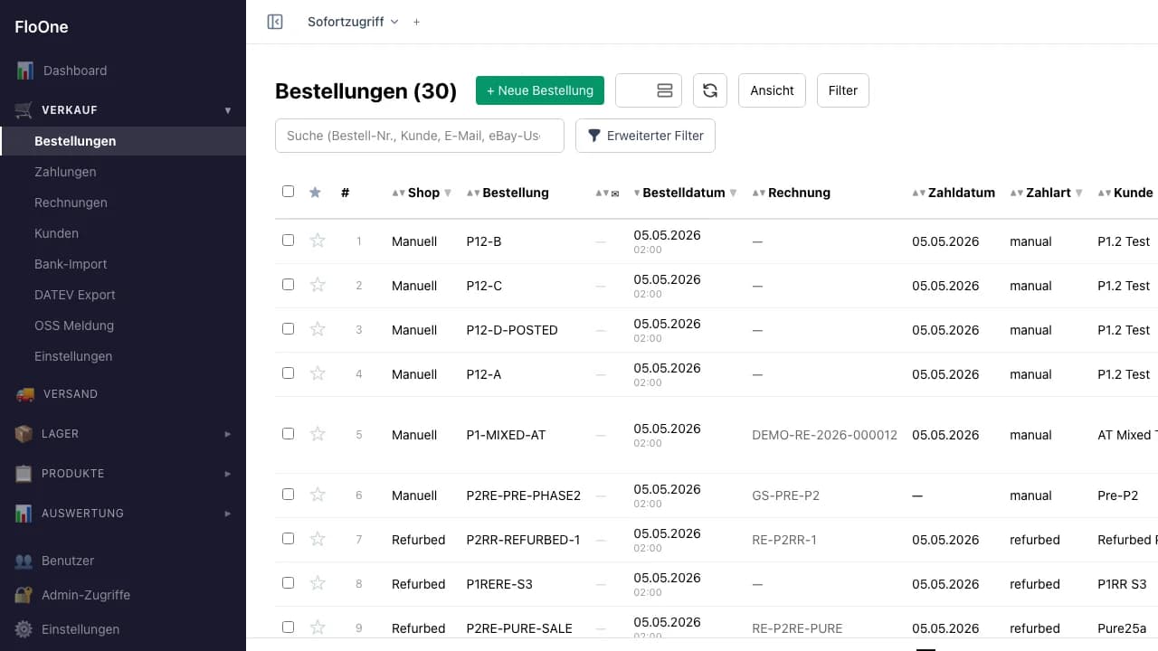 Bestellungen-Tabelle mit Filter-Leiste, Sortier-Pfeilen und Spalten-Konfiguration