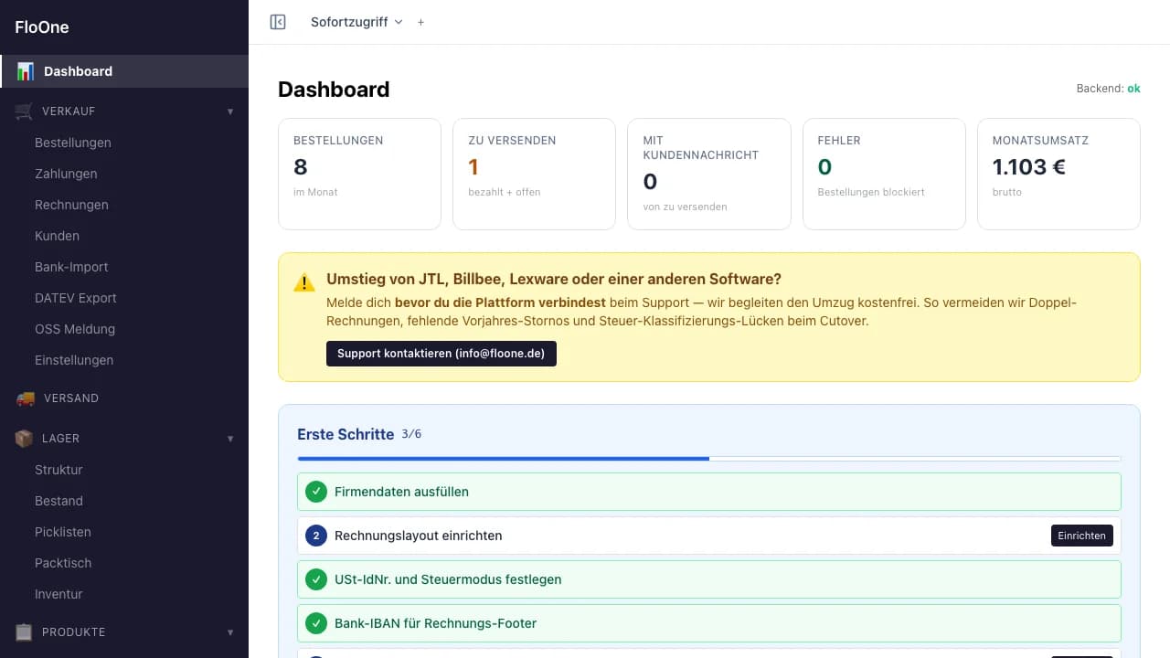 FloOne-Dashboard mit KPIs, Sync-Ampeln und Performance-Widgets