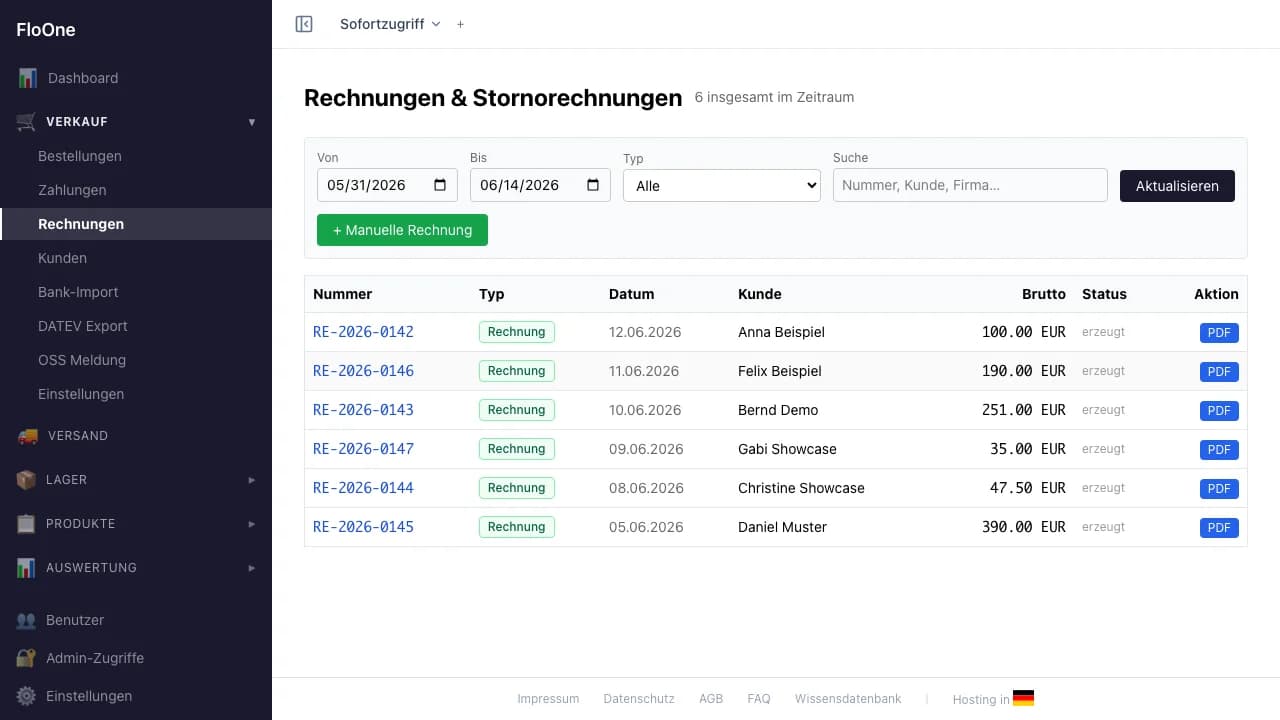 Rechnungen-Übersicht mit Beispiel-Rechnungen, Zeitraum-Filter und PDF-Downloads