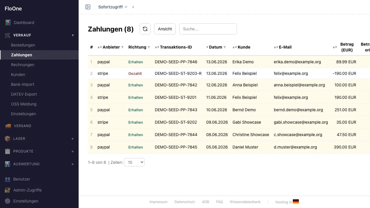Zahlungen-Liste mit PayPal- und Stripe-Transaktionen, zugeordnete und nicht-zugeordnete